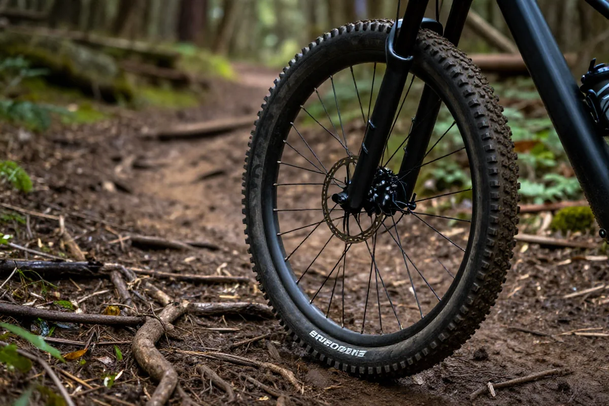 Opona górska z agresywnym bieżnikiem na mokrej ścieżce leśnej