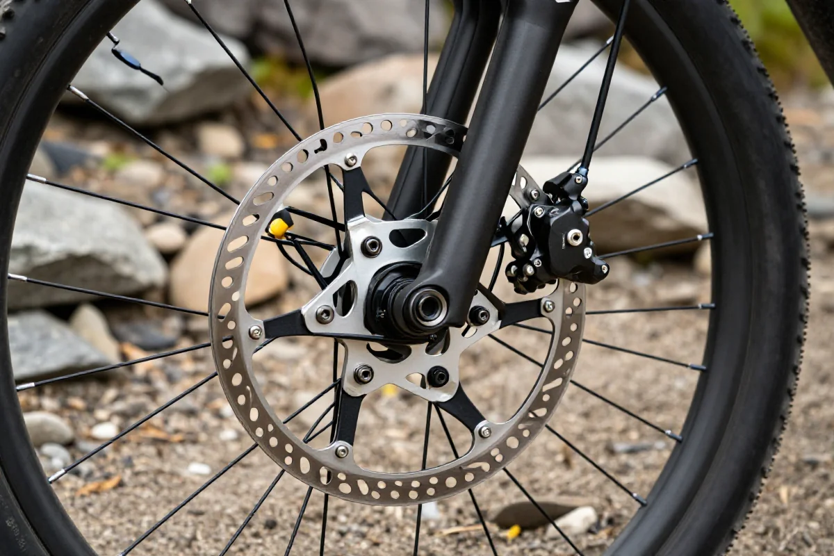 Zbliżenie na hydrauliczne hamulce tarczowe roweru górskiego na szlaku
