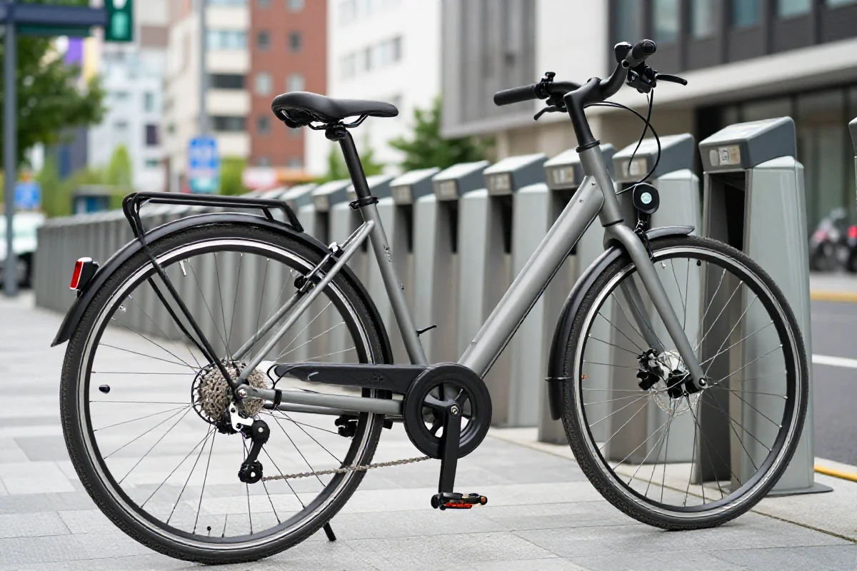 Nowoczesny rower miejski przy stacji wypożyczalni w miejskim otoczeniu.