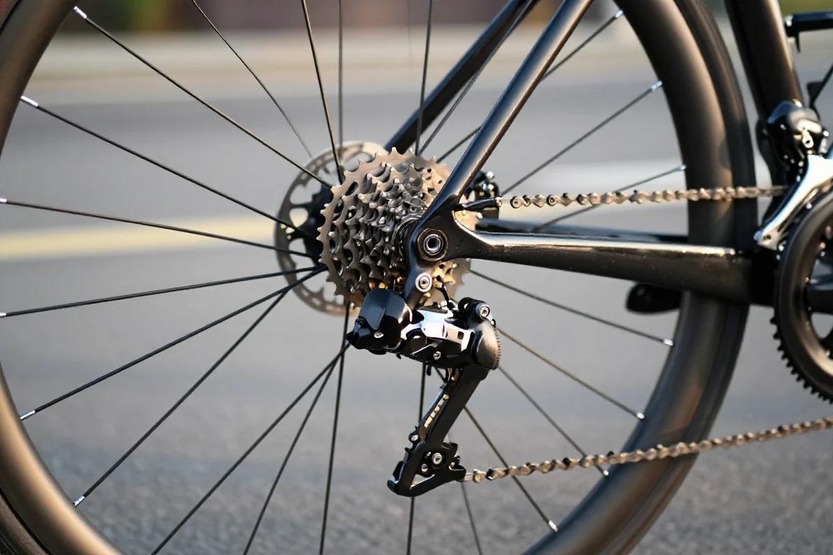 Szczegółowy widok na system przerzutek rowerowych na drodze.