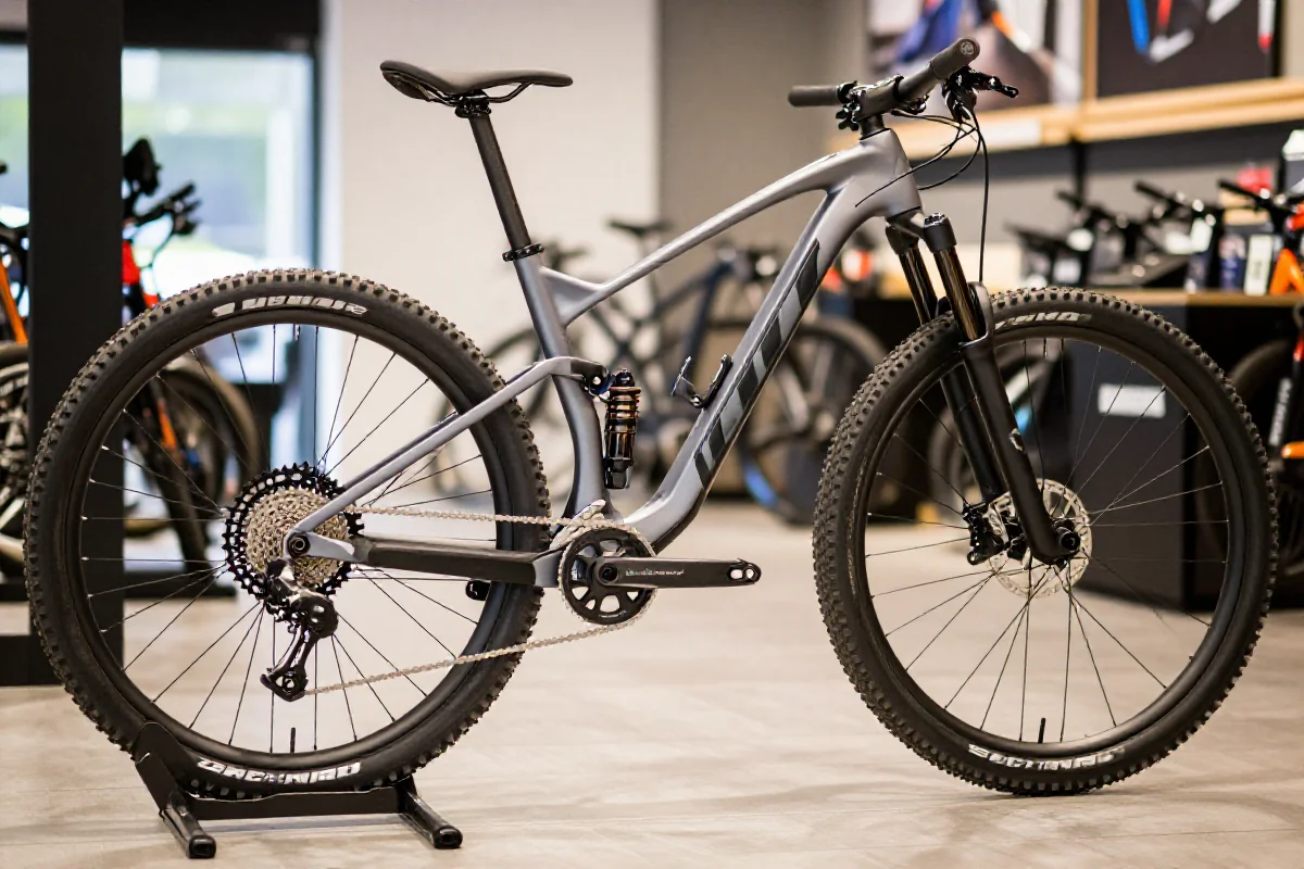 Rower górski demo w sklepie z widocznymi detalami i komponentami