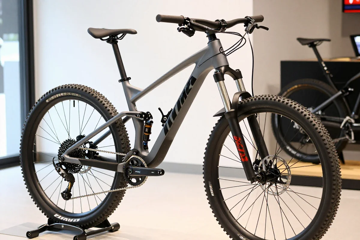 Rower górski z widocznymi szczegółami technicznymi w dobrze oświetlonym pomieszczeniu.