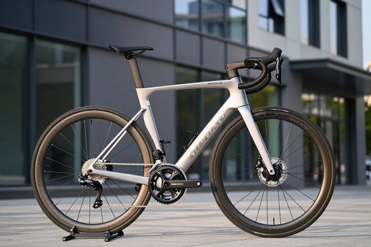 Szosowy rower przy nowoczesnym biurowcu, ukazujący jego lekką ramę.