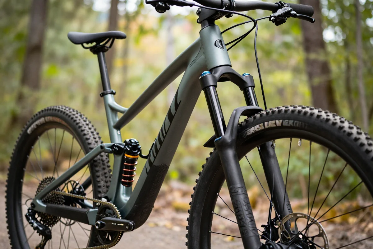 Szczegóły roweru górskiego z przednim zawieszeniem w naturalnym otoczeniu.