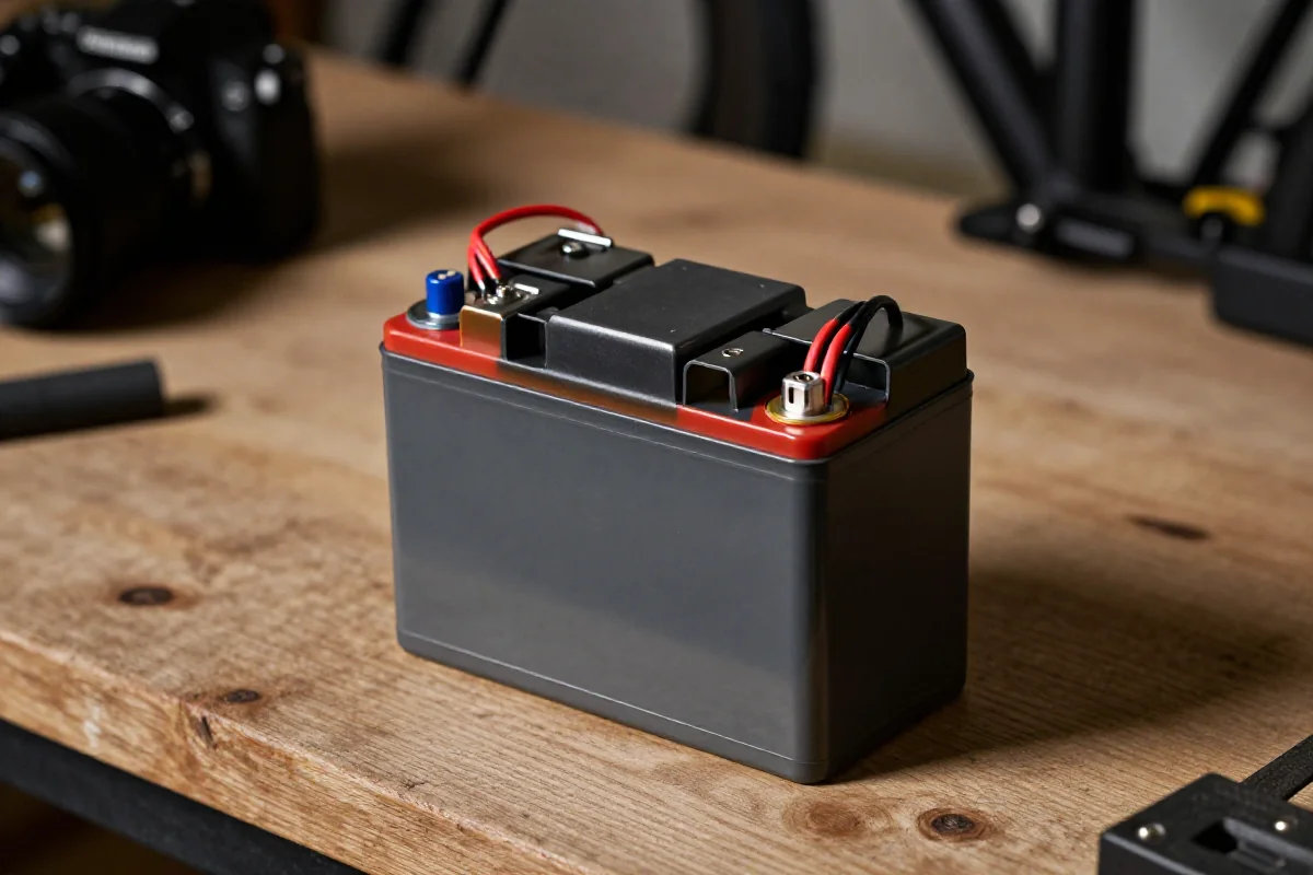 Zbliżenie na baterię litowo-jonową e-bike w warsztacie.