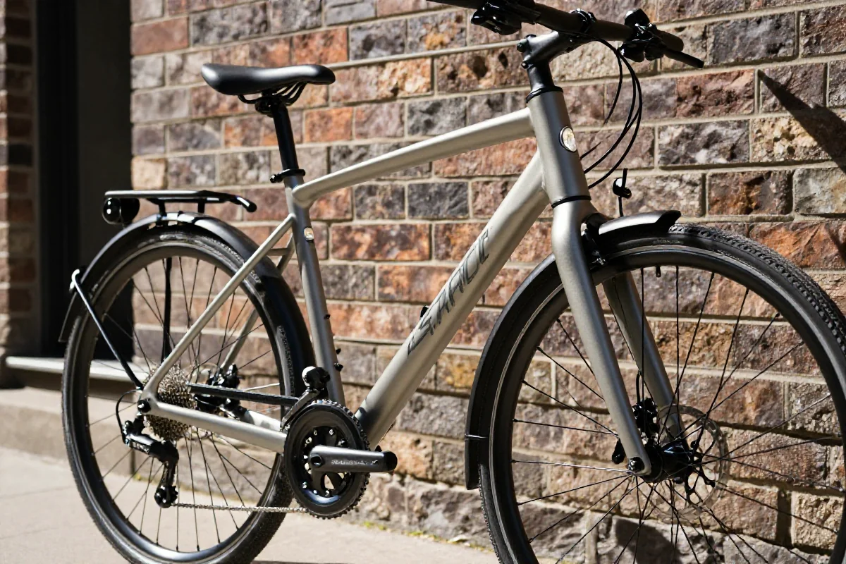 Rower miejski z nowoczesnym designem na tle ceglanej ściany