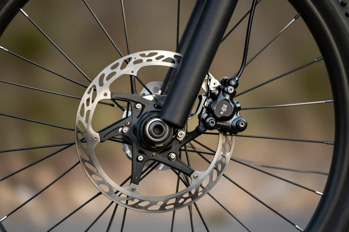 Zbliżenie na układ hamulcowy roweru górskiego z widoczną skrzywioną tarczą.