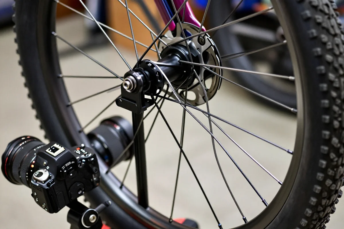 Naprawa ósemki w kole MTB na stojaku rowerowym, szczegóły obręczy i szprych.