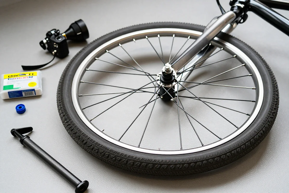 Naprawa dętki roweru miejskiego z narzędziami i akcesoriami na podłożu.