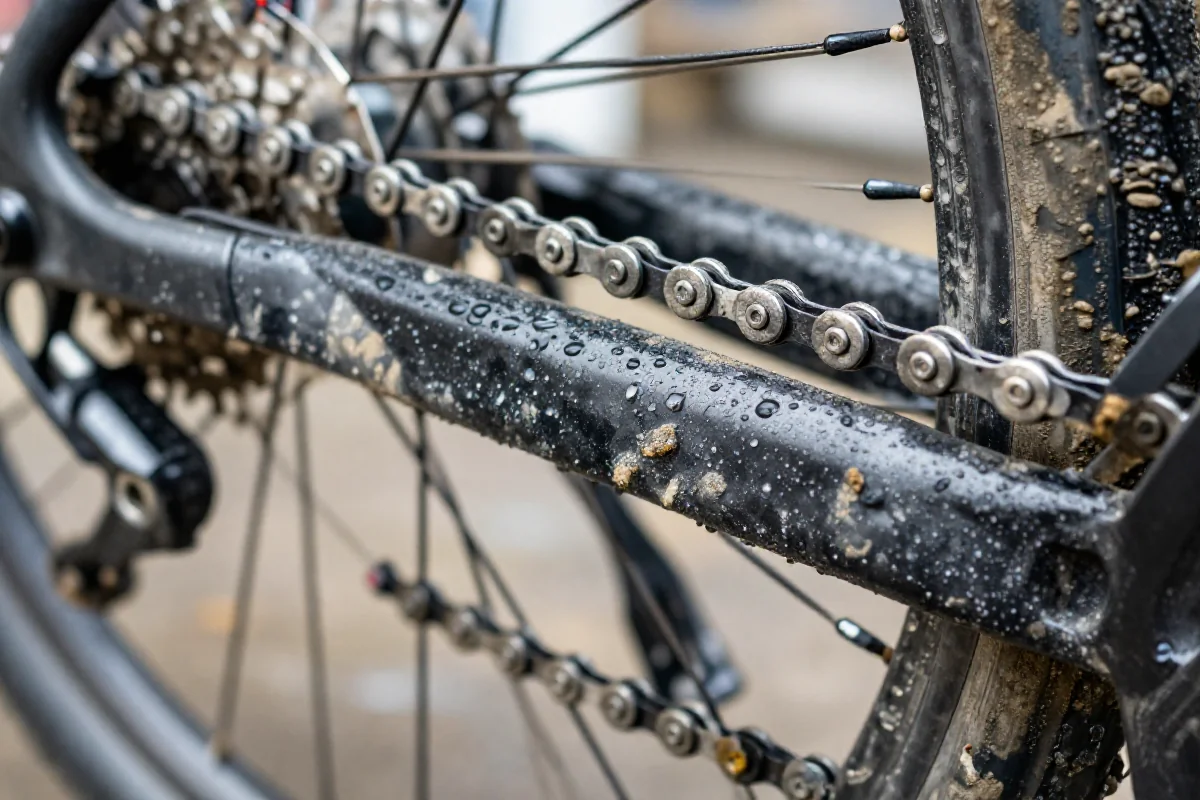 Zbliżenie na łańcuch rowerowy pokryty błotem po jeździe w deszczu.