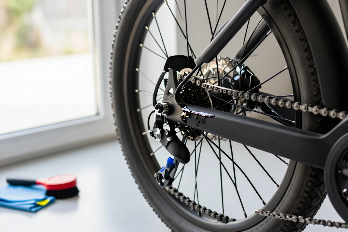 Smarowanie łańcucha w e-bike'u w dobrze oświetlonym garażu.