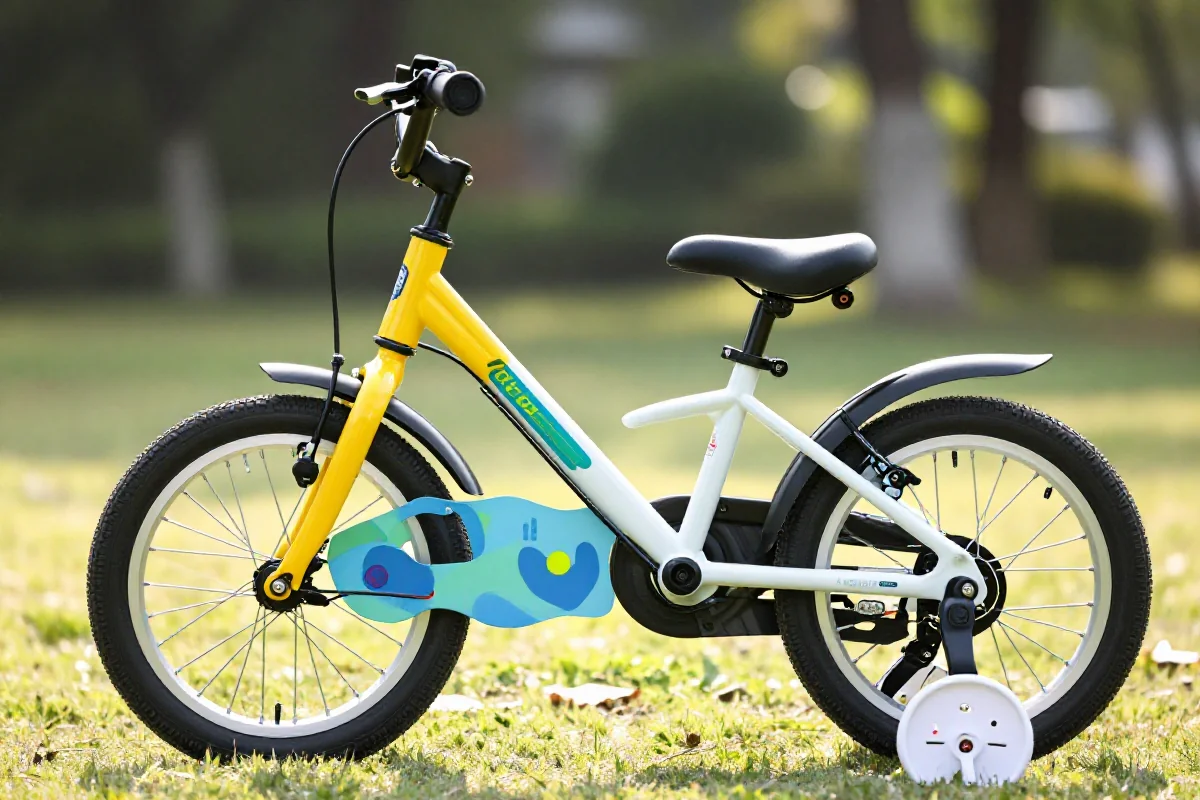 Rower dziecięcy z lekką ramą i bezpiecznymi elementami w słonecznym otoczeniu.