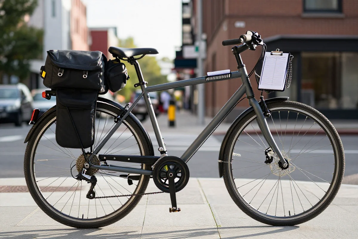 Rower miejski z torbą i checklistą w miejskim otoczeniu