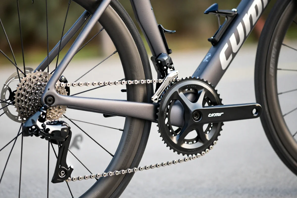 Szczegóły napędu roweru szosowego z widocznymi zębatkami i łańcuchem.