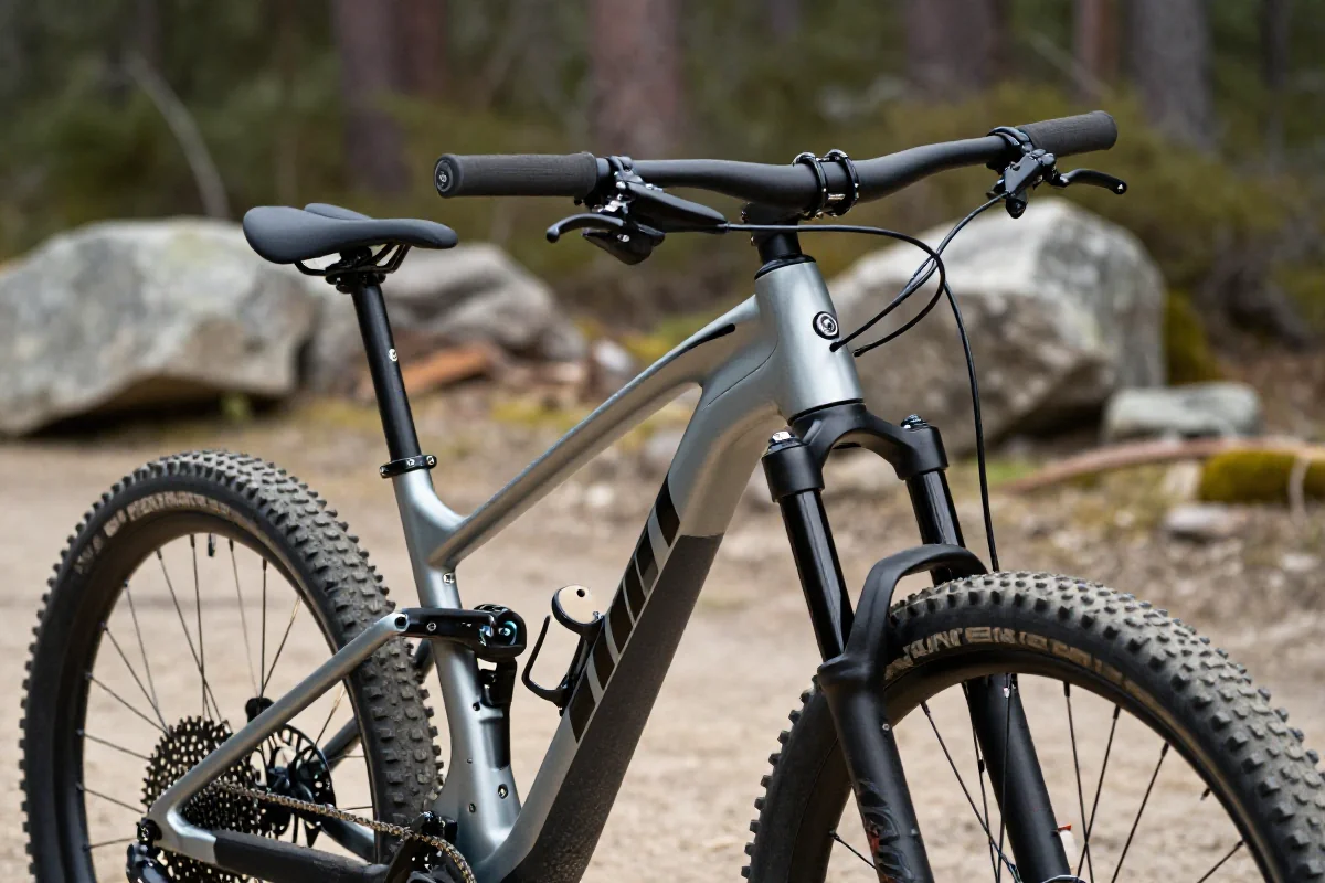 Nowoczesny rower górski w terenie, ukazujący szczegóły dopasowania i komfortu jazdy.
