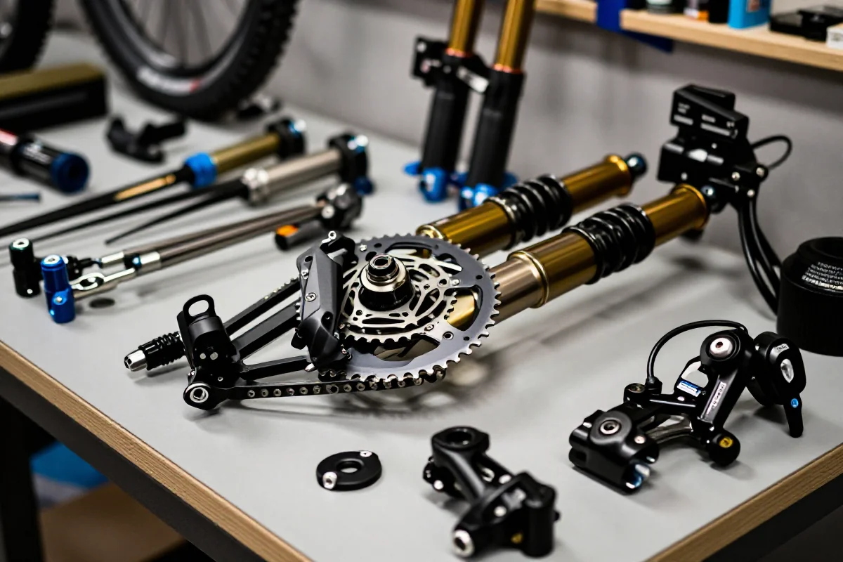 Profesjonalny warsztat rowerowy z zaawansowanymi częściami do rowerów górskich.