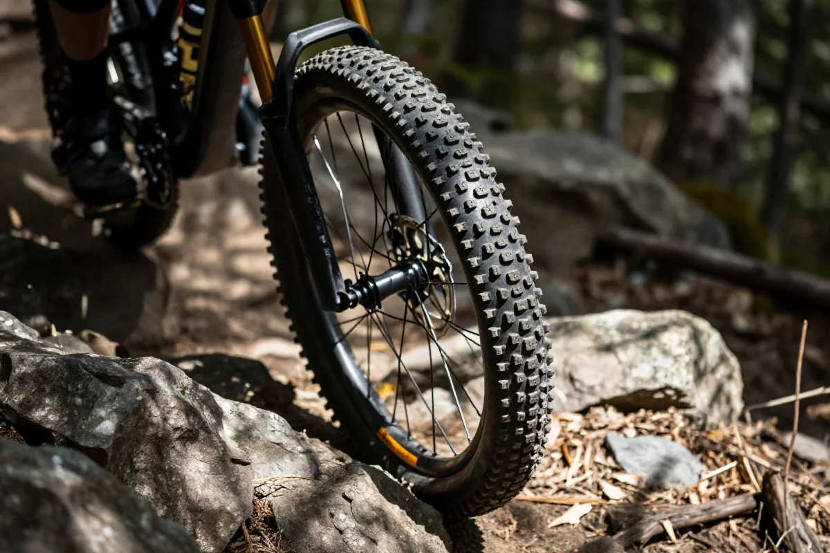 Blisko zdjęcie opony roweru górskiego na skalistej nawierzchni