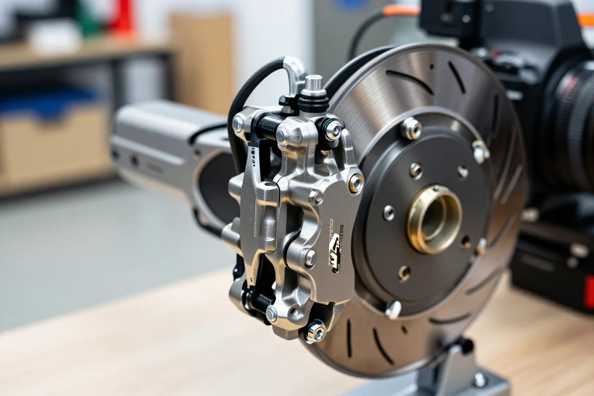 Zbliżenie na hydrauliczne hamulce rowerowe Magura MT7 w warsztacie