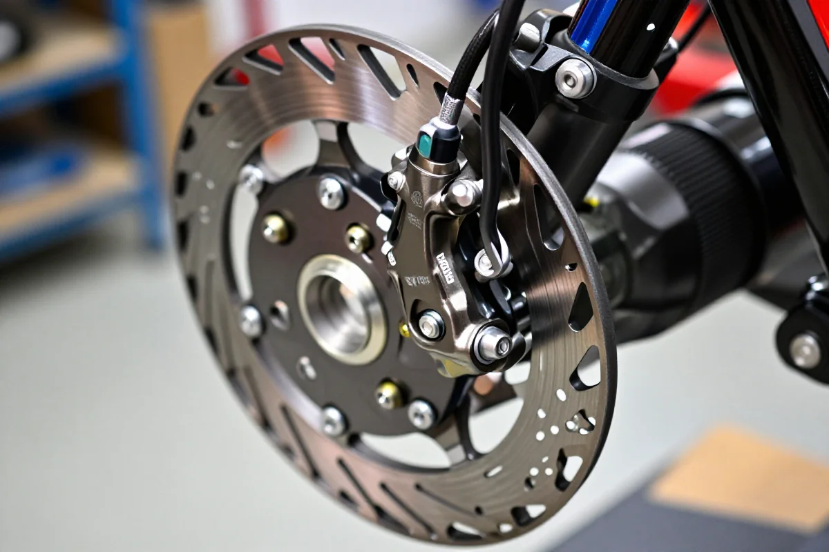 Zbliżenie na hydrauliczny system hamulcowy Shimano XT w warsztacie rowerowym.