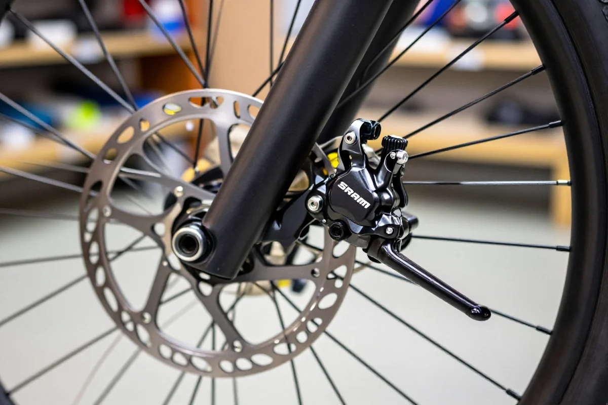 Zbliżenie na hydrauliczne hamulce tarczowe SRAM Code w warsztacie rowerowym.