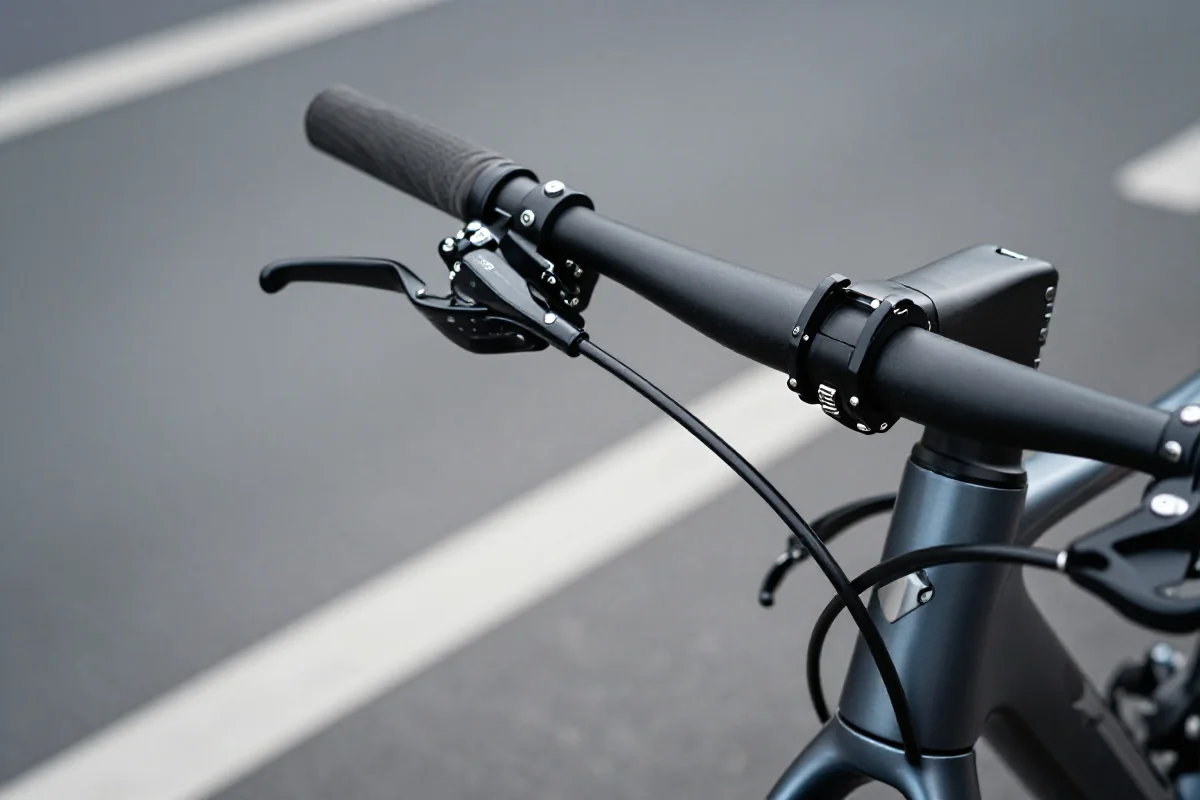 Zbliżenie kierownicy roweru z hamulcami i przerzutkami na asfalcie.
