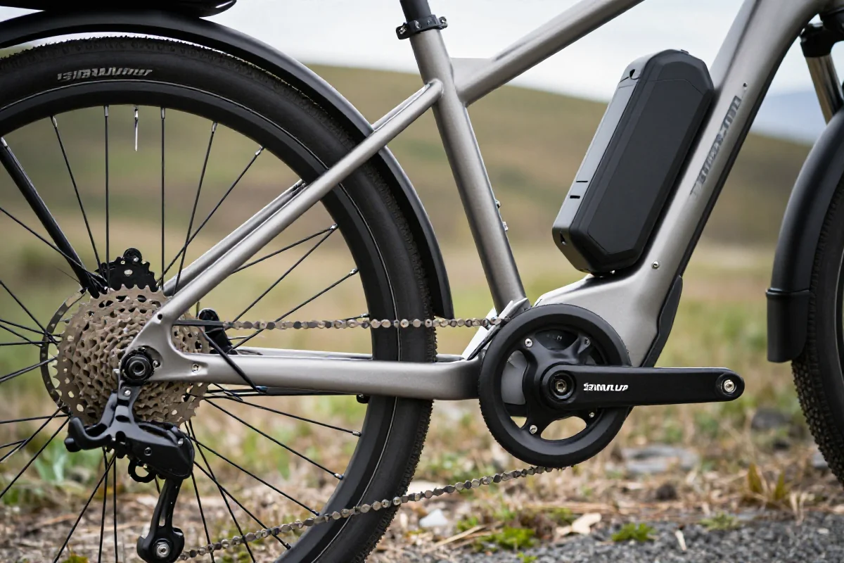 Zbliżenie na system napędu e-bike na górzystym terenie