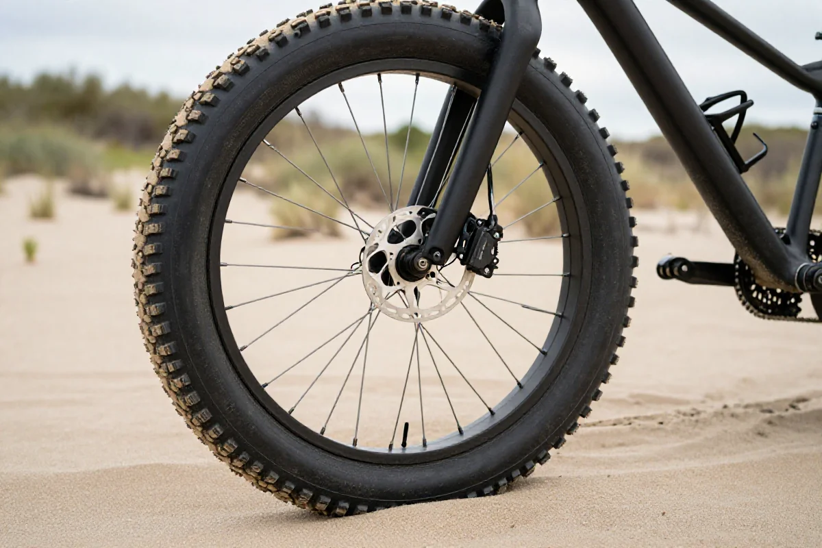 Tyr fatbike'a na piaszczystym terenie, idealny do jazdy w trudnych warunkach.