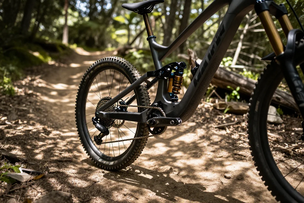 Szczegółowy widok roweru górskiego na trudnej trasie MTB