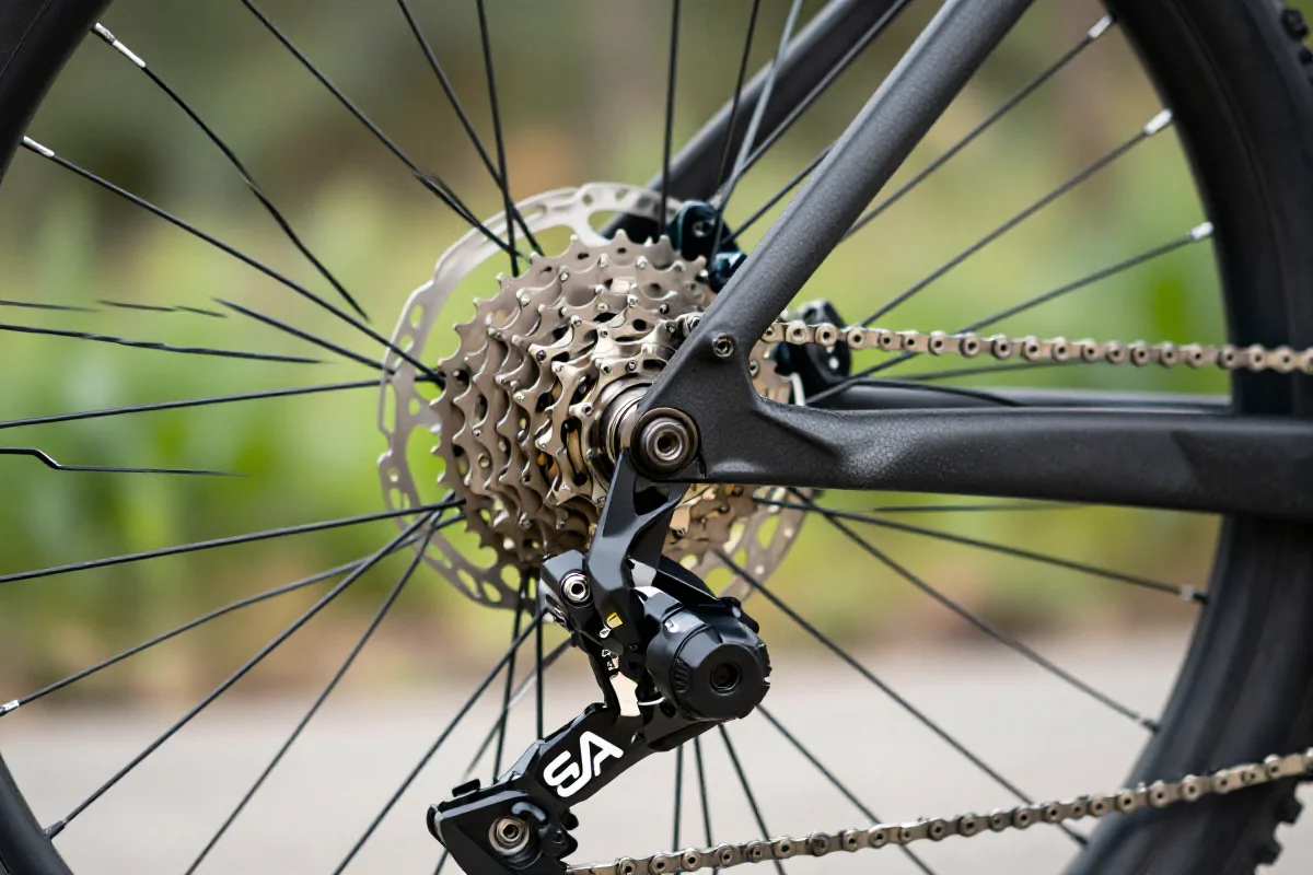 Szczegóły komponentów roweru górskiego, przekładnia i hamulce w terenie