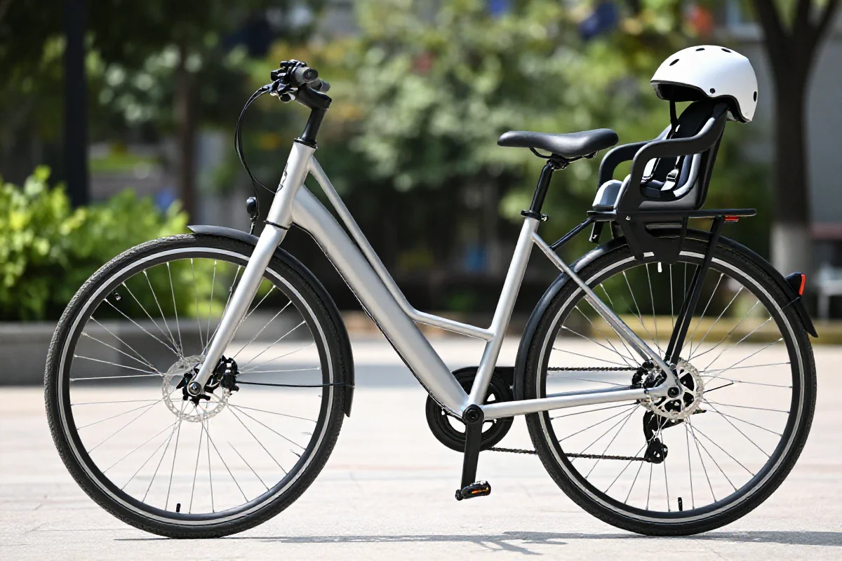 Rower elektryczny z fotelikiem dziecięcym, idealny do jazdy z dzieckiem.