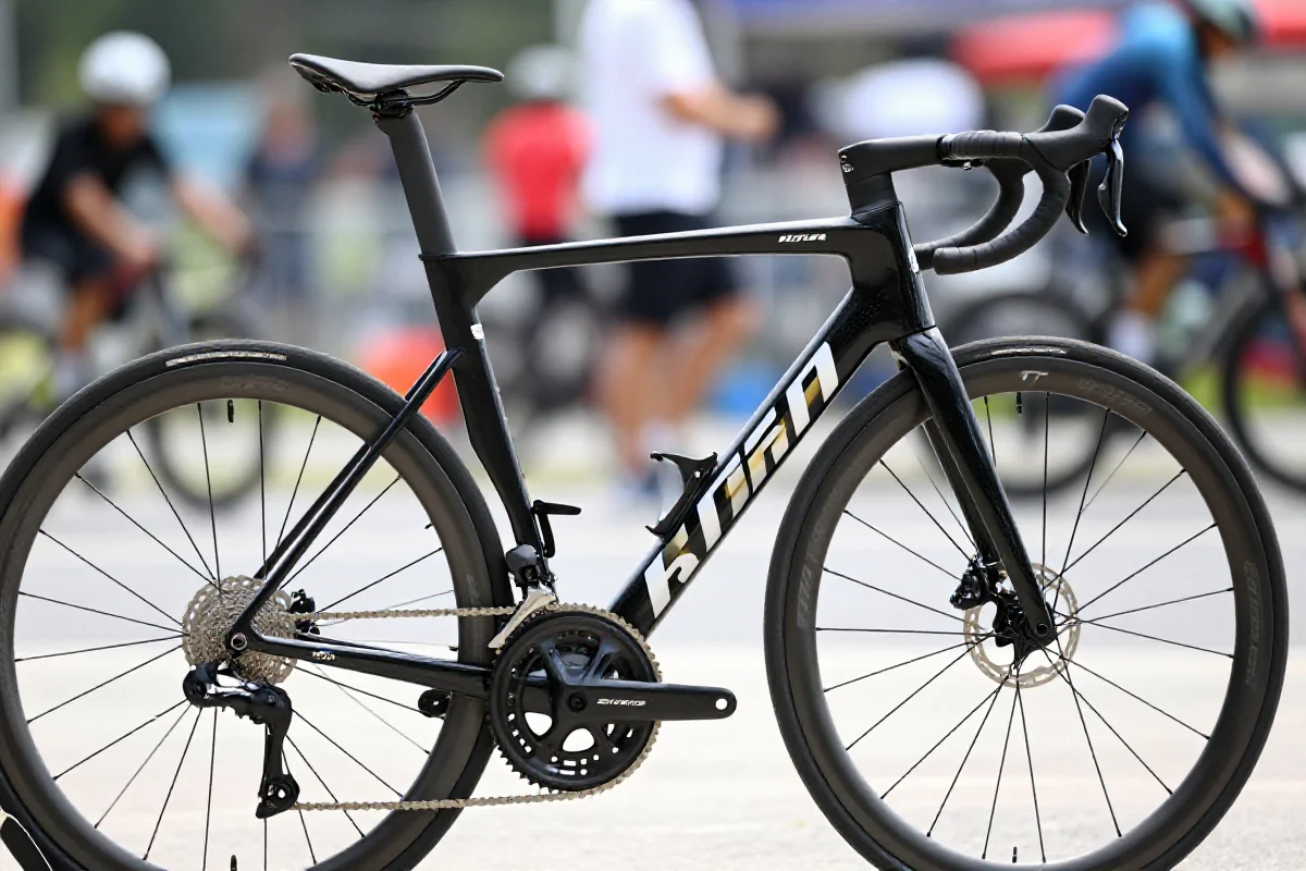 Szczegółowy widok na rower szosowy przygotowany do wyścigu międzynarodowego.