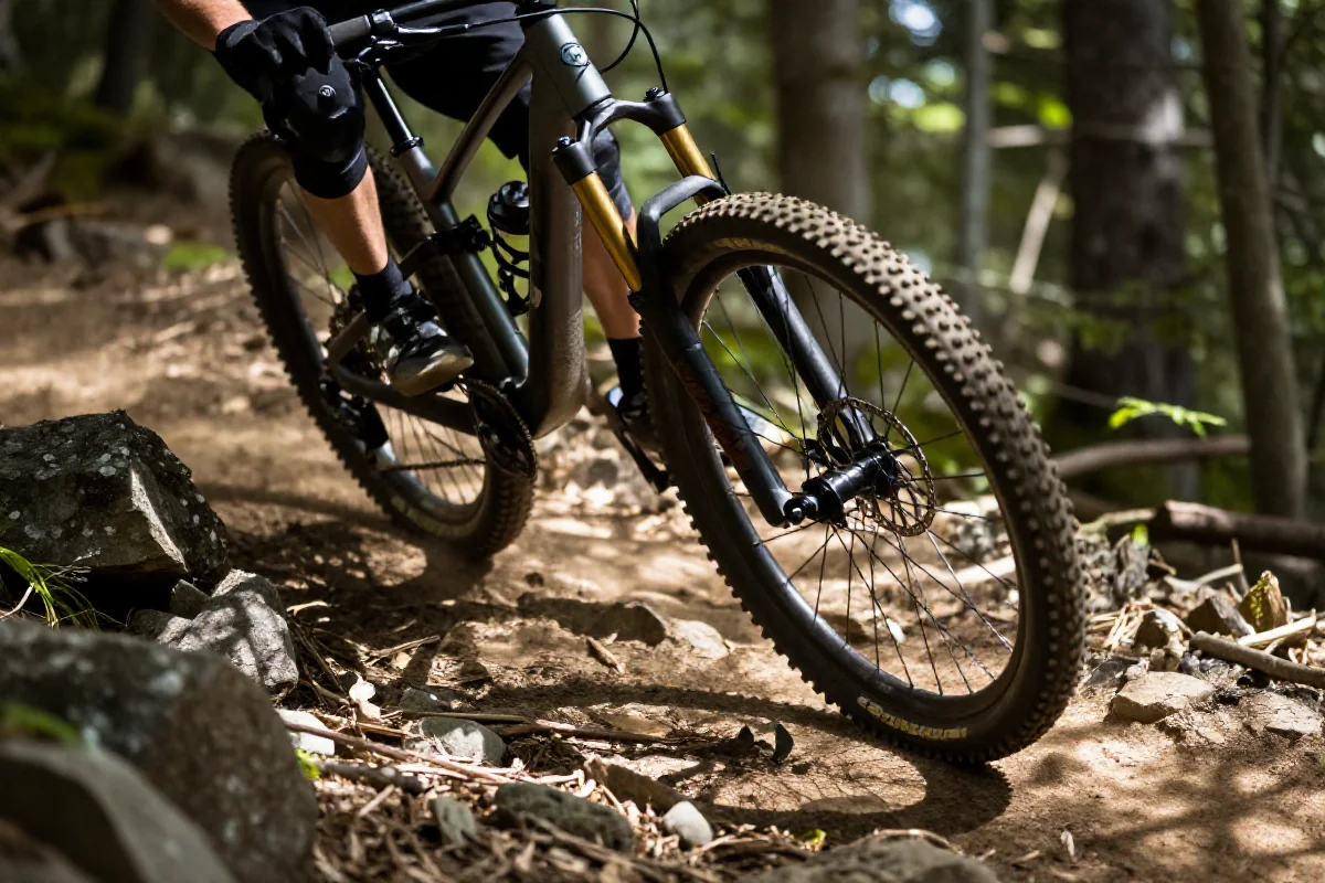 Rower górski zjeżdżający po stromym szlaku w lesie