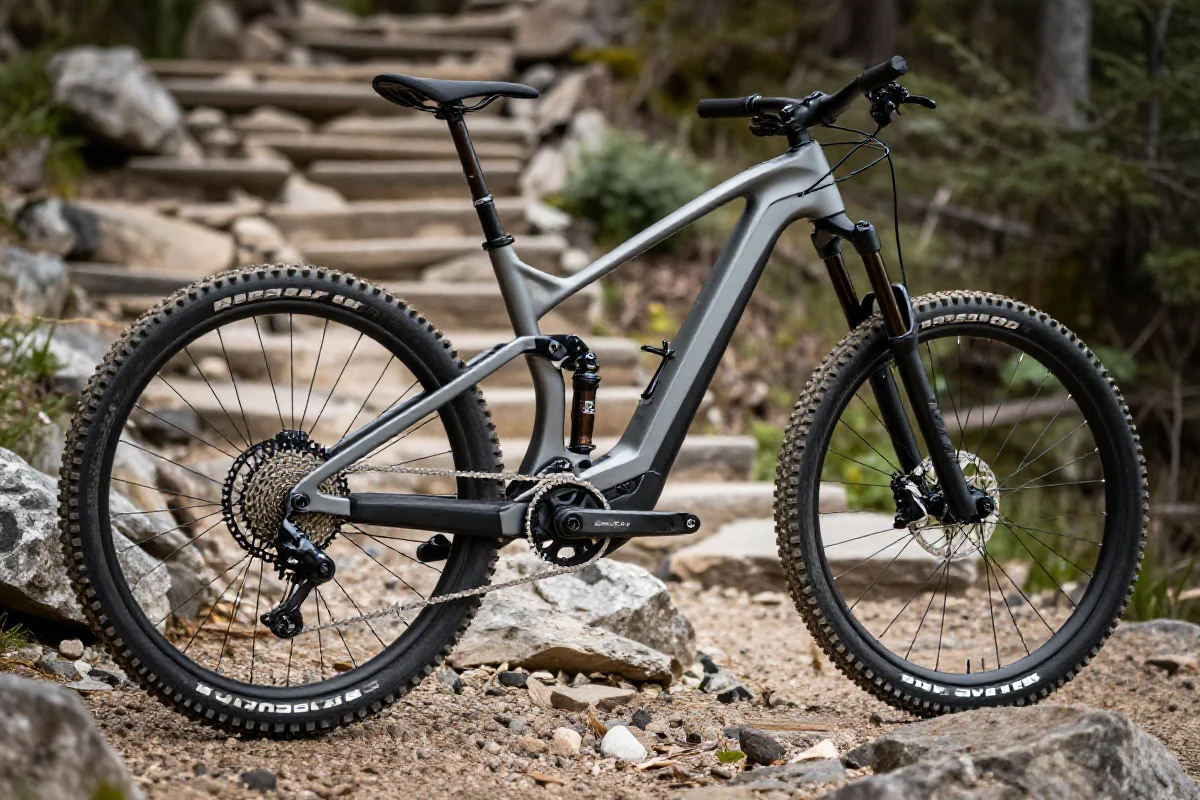 Rower elektryczny e-MTB na stromej ścieżce w lesie