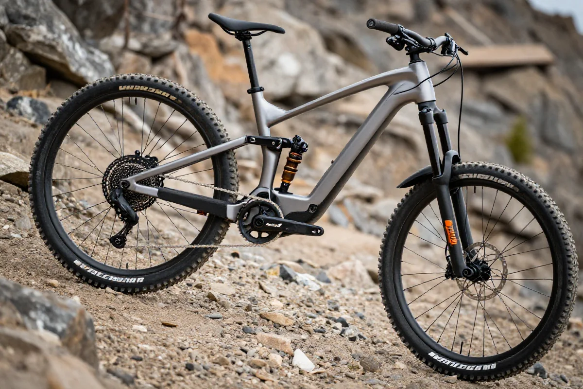 E-bike górski na trudnym terenie, z widocznymi elementami technicznymi.