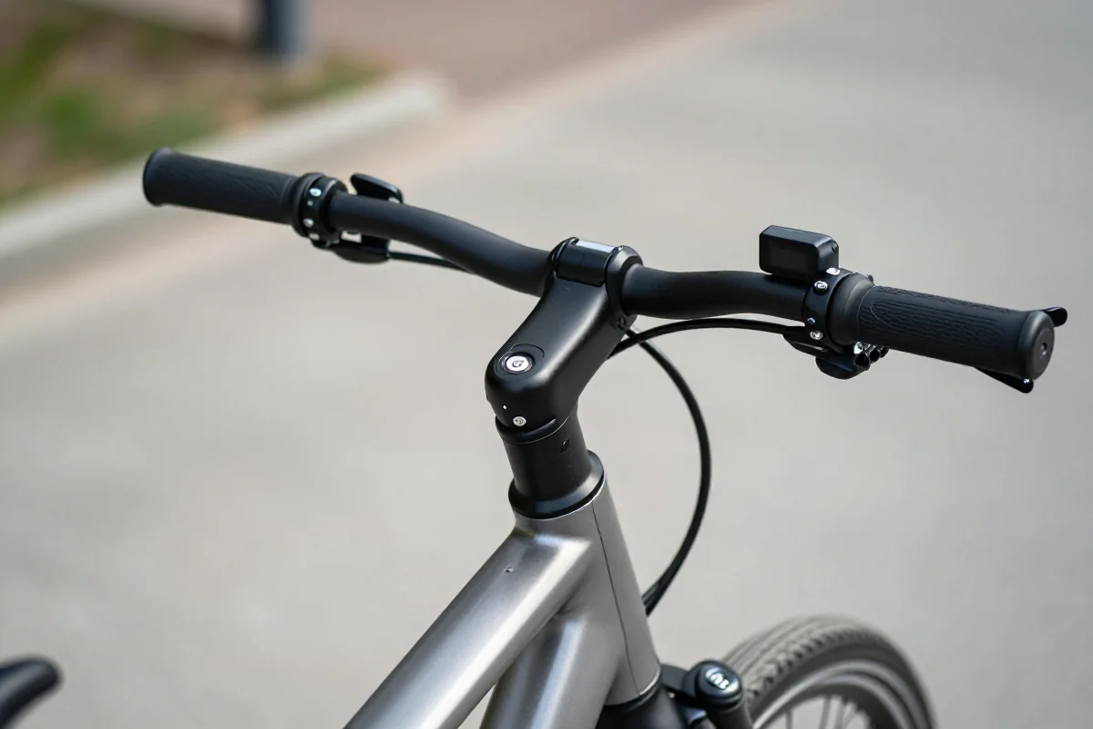 Zbliżenie na kierownicę roweru elektrycznego z wyświetlaczem.