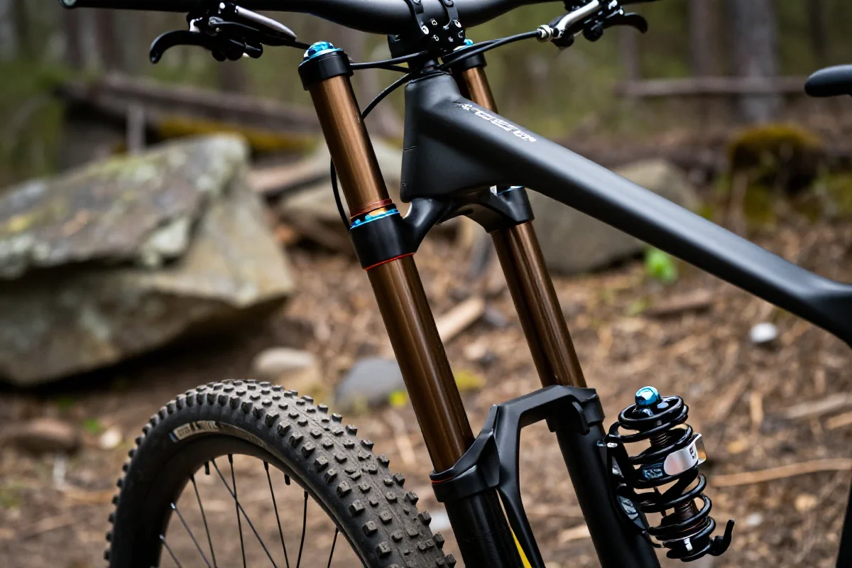 Szczegółowy widok amortyzacji przedniej w rowerze górskim MTB.