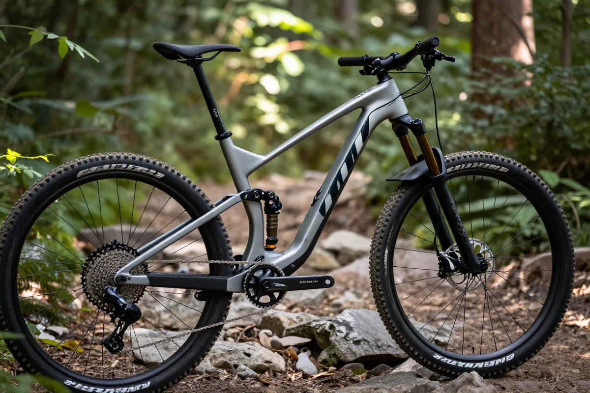 Nowoczesny rower górski XC na szlaku, z widocznymi detalami ramy i komponentów.