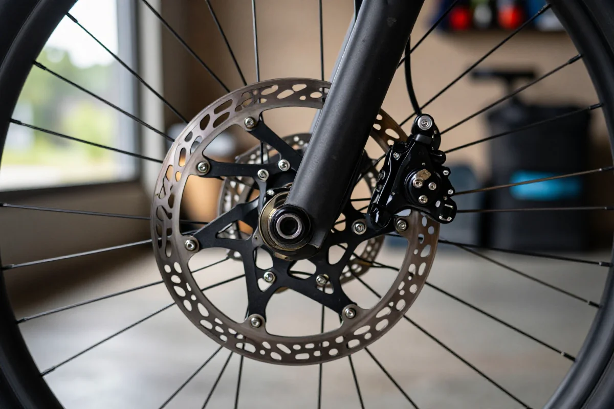 Skrzypienie hamulców w rowerze górskim - bliskie zdjęcie układu hamulcowego.