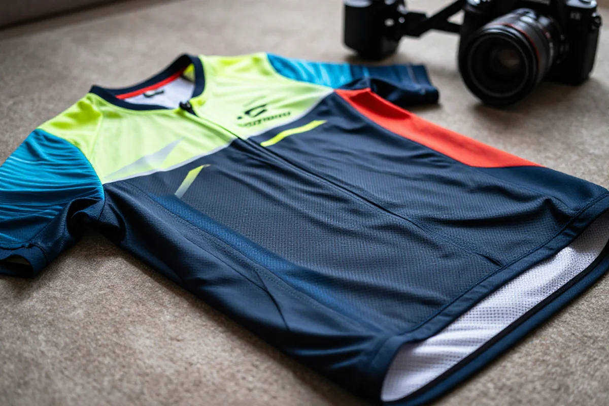 Koszulka MTB na tle, pokazująca zaawansowane materiały i detale techniczne.