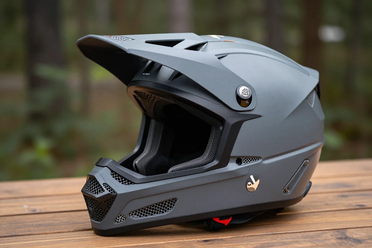 Kask trailowy na drewnianym stole w naturalnym otoczeniu.