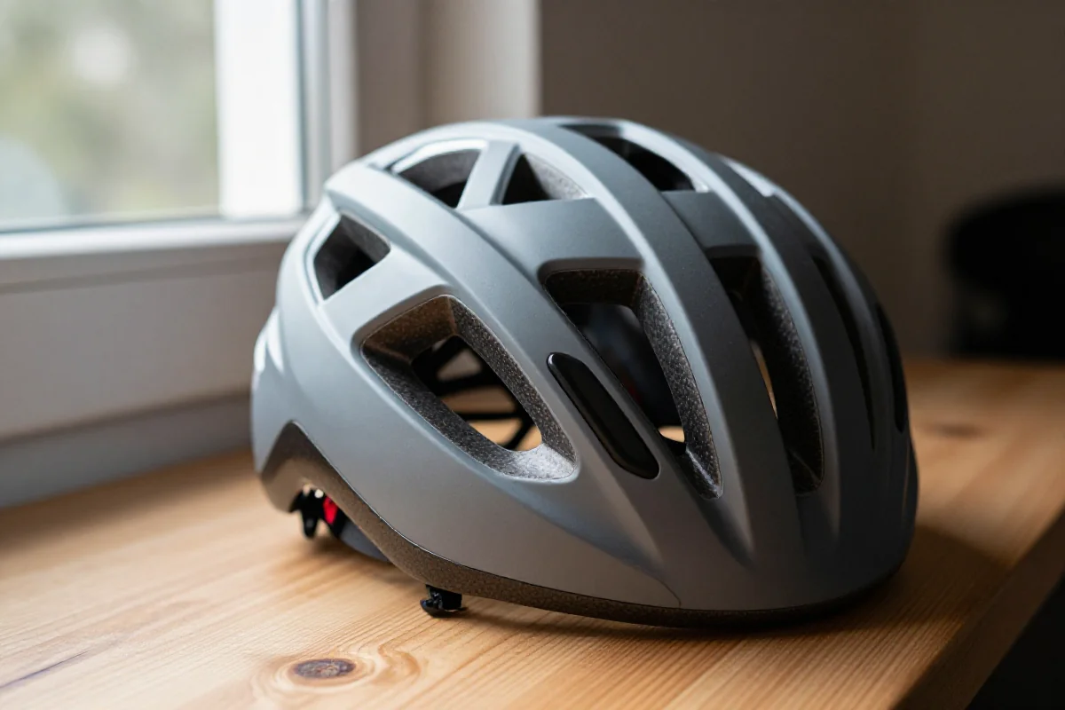 Kask MTB na drewnianej powierzchni, doskonały do jazdy terenowej.