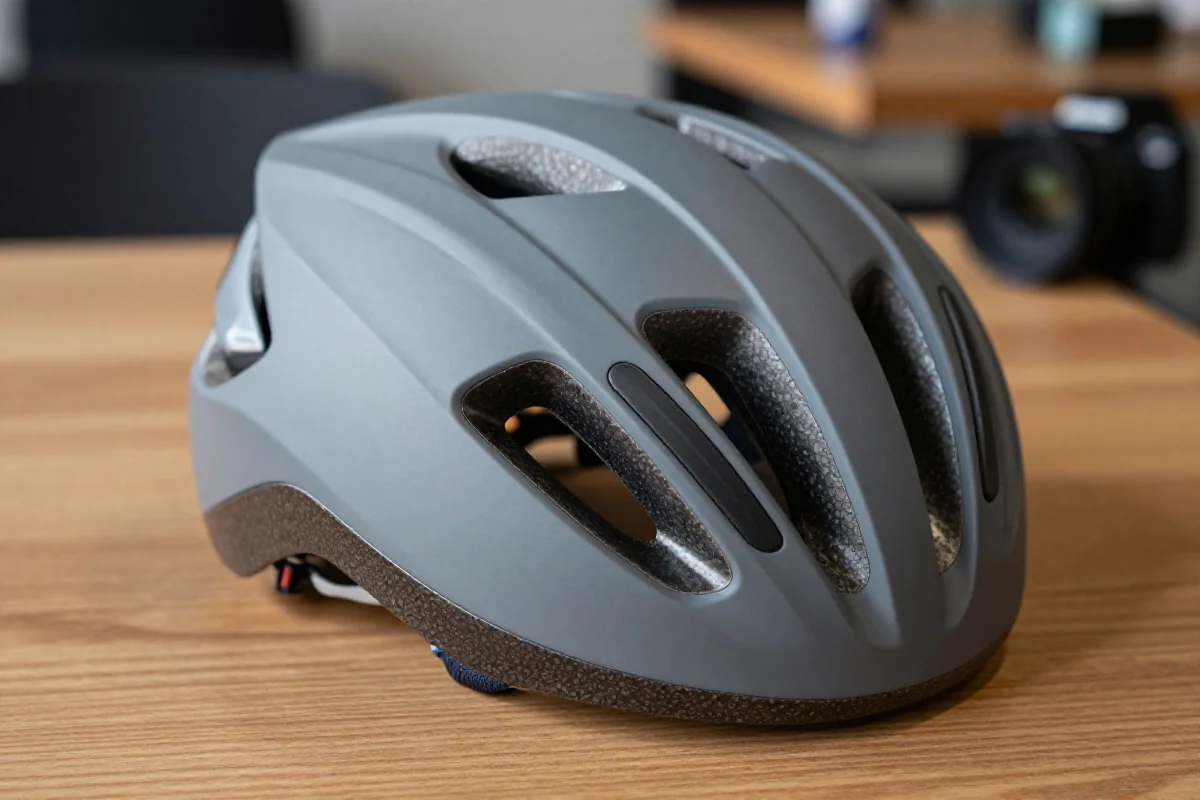 Nowoczesny kask rowerowy z systemem regulacji na stole, kluczowy dla bezpieczeństwa.