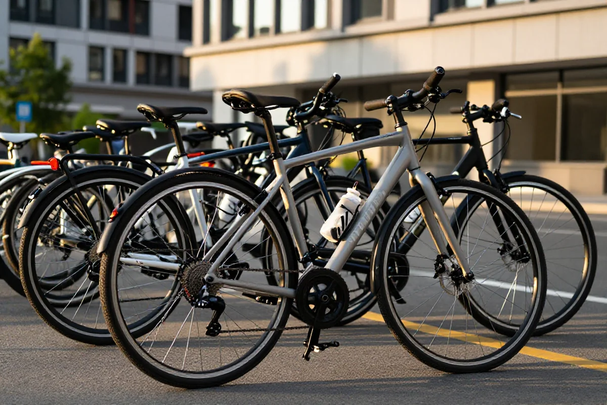 Grupa rowerów na miejskiej ulicy, pokazująca różne typy ram rowerowych.