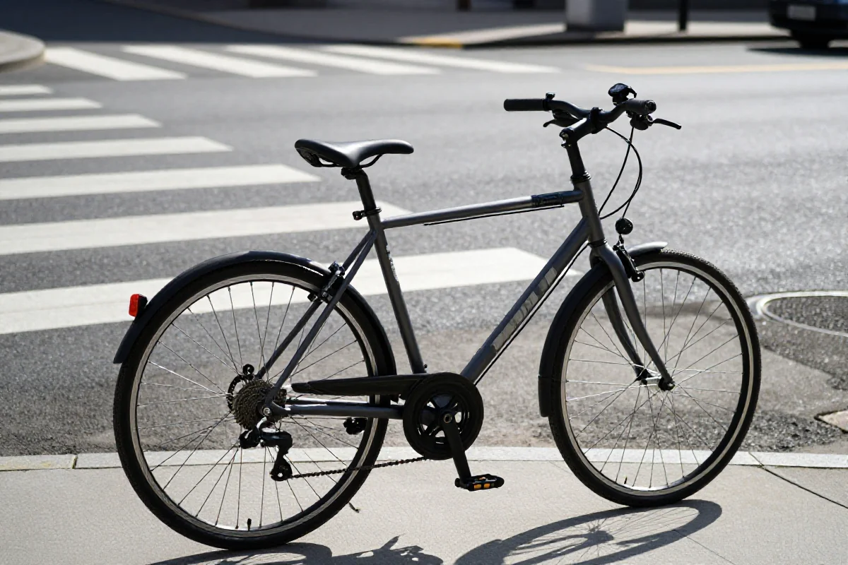 Rower przy przejściu dla pieszych w miejskim otoczeniu, bezpieczeństwo rowerzystów.