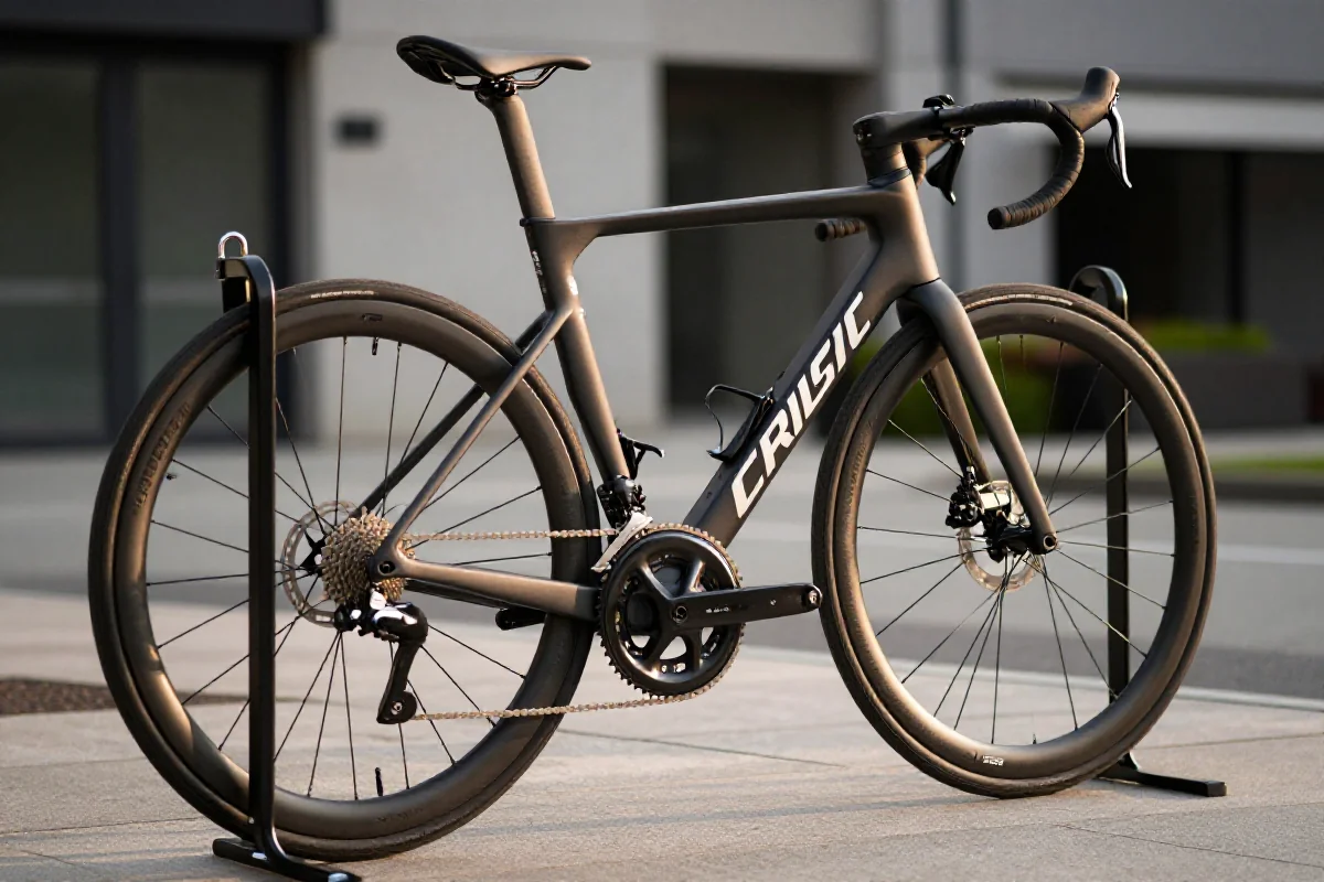 Rower szosowy przypięty zapięciem U-lock w miejskim otoczeniu.