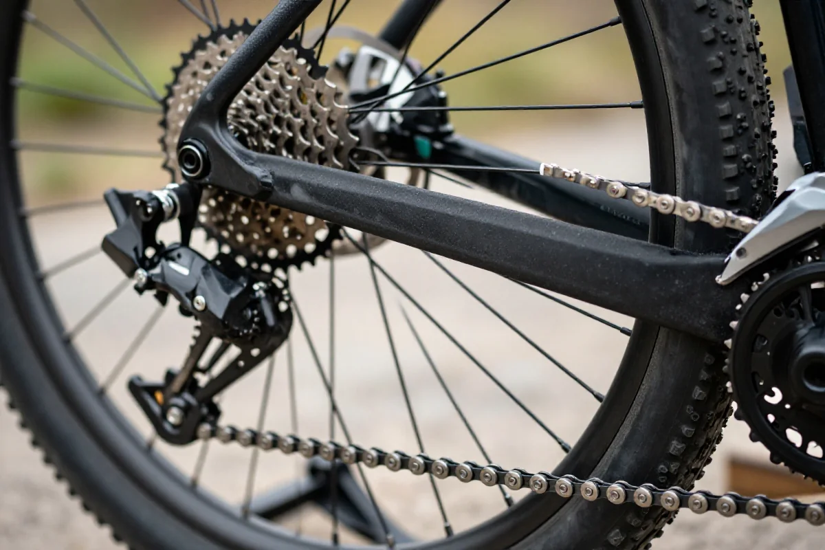 Czyszczenie łańcucha roweru górskiego na stojaku serwisowym.