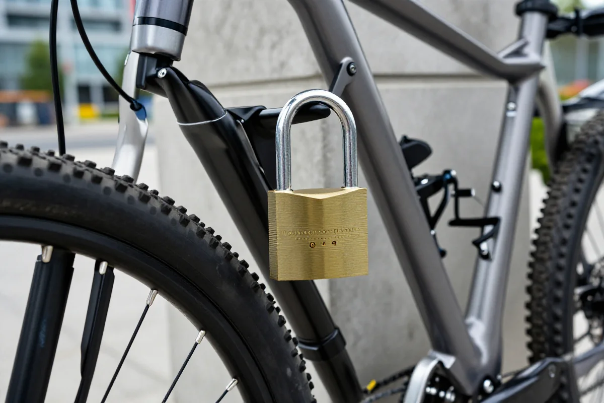 Zapięcie U-lock na rowerze górskim w miejskim otoczeniu