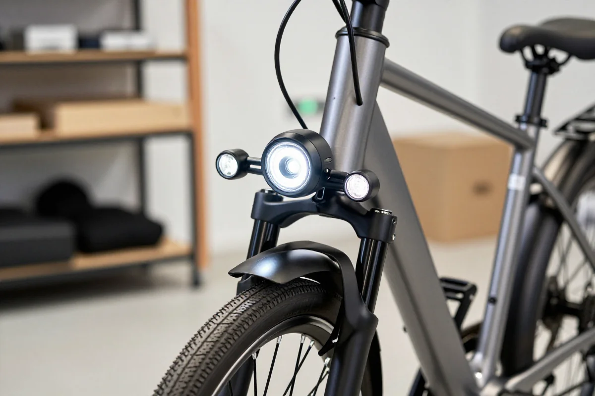 Nowoczesny e-bike z zaawansowanym oświetleniem, idealnym do jazdy nocą.