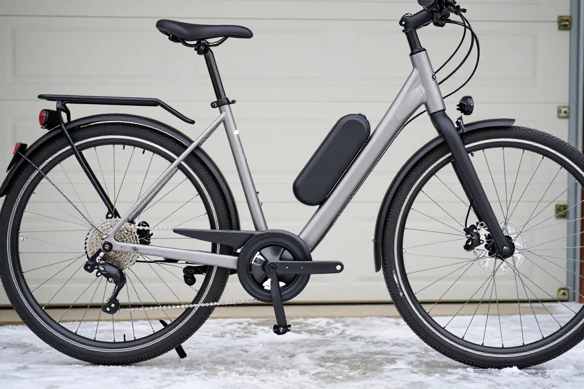 Zimowe przechowywanie e-bike'a w garażu, szczegóły ramy i komponentów