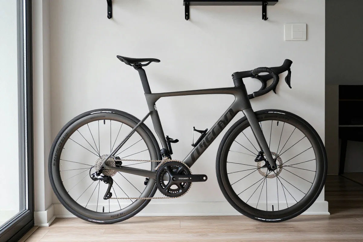 Rower szosowy przechowywany w małym mieszkaniu, idealne rozwiązanie dla oszczędności przestrzeni.